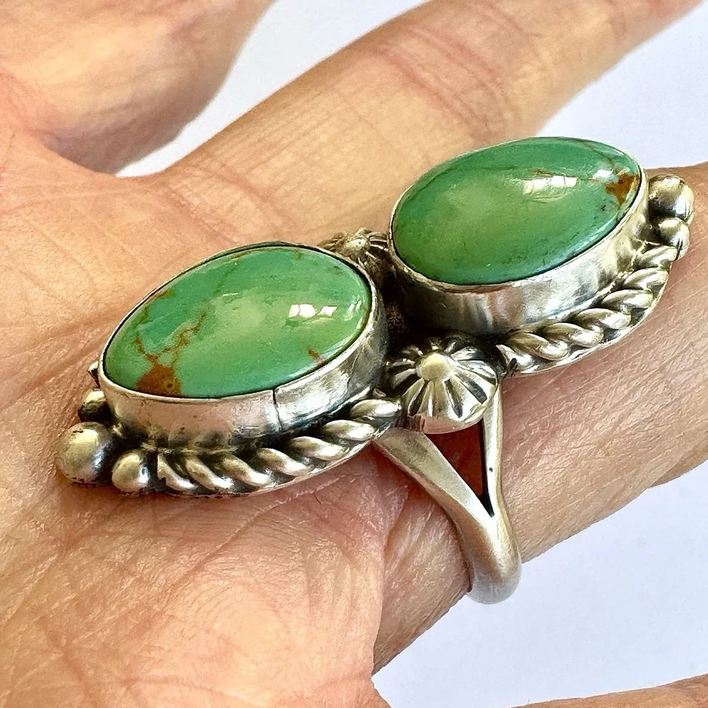 Navajo Turquoise Ring Two Stone Size 7 Signed Shakey Long Sterling